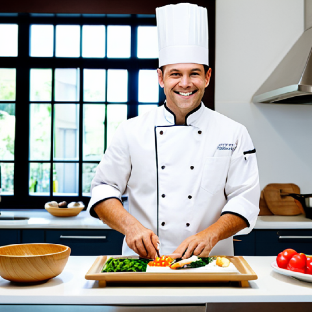 Modern Chef's Table**
"A fully clothed professional chef, smiling slightly, meticulously arranging colorful, fresh ingredients on a beautifully set chef's table. The table features handcrafted ceramic plates, wooden bowls, and bamboo chopsticks. The background is a brightly lit, modern kitchen with stainless steel appliances. Soft, natural light streams through a window. Safe for work, appropriate content, perfect anatomy, correct proportions, natural pose, well-formed hands, proper finger count, natural body proportions, professional photography, high quality, modest clothing."
**
