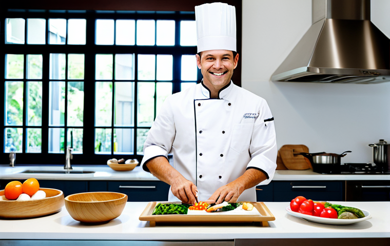 Modern Chef's Table**
"A fully clothed professional chef, smiling slightly, meticulously arranging colorful, fresh ingredients on a beautifully set chef's table. The table features handcrafted ceramic plates, wooden bowls, and bamboo chopsticks. The background is a brightly lit, modern kitchen with stainless steel appliances. Soft, natural light streams through a window. Safe for work, appropriate content, perfect anatomy, correct proportions, natural pose, well-formed hands, proper finger count, natural body proportions, professional photography, high quality, modest clothing."
**