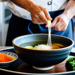 Home 8 Umami Dashi Preparation**
"A chef preparing dashi in a modern kitchen, kombu and katsuobushi visible, steaming broth, professional food photography, focus on the rich color, fully clothed, appropriate content, safe for work, natural proportions, professional setting, emphasizing the savory essence of umami, family-friendly."
**