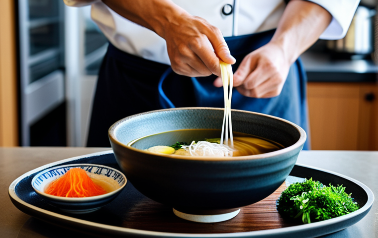 Umami Dashi Preparation**
"A chef preparing dashi in a modern kitchen, kombu and katsuobushi visible, steaming broth, professional food photography, focus on the rich color, fully clothed, appropriate content, safe for work, natural proportions, professional setting, emphasizing the savory essence of umami, family-friendly."
**