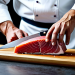 Home 7 **
"A professional chef in a clean, modern kitchen, demonstrating the proper way to slice a piece of fresh tuna with a Yanagiba knife, fully clothed in chef whites, appropriate content, safe for work, perfect anatomy, well-formed hands, professional food photography, high quality, focus on knife technique."
**
