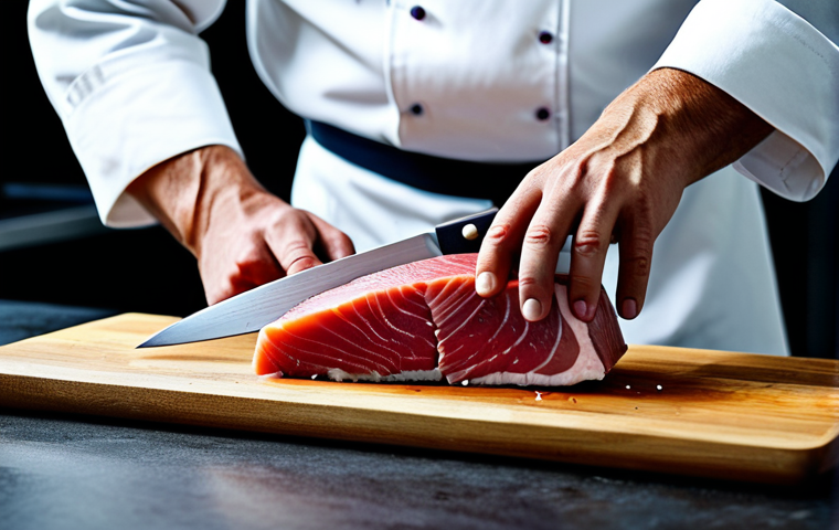 **
"A professional chef in a clean, modern kitchen, demonstrating the proper way to slice a piece of fresh tuna with a Yanagiba knife, fully clothed in chef whites, appropriate content, safe for work, perfect anatomy, well-formed hands, professional food photography, high quality, focus on knife technique."
**