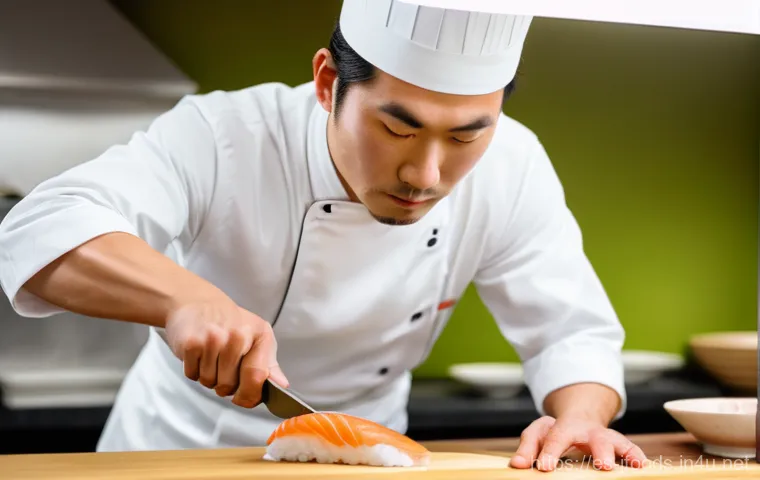 일식조리사 연봉 협상 전략 - **Prompt: A highly skilled male sushi chef, approximately 35-40 years old, with a focused and serene...