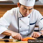 Home 15 일식조리 기능사 실기시험 자주 묻는 질문 - A professional Japanese chef in a modern kitchen station, skillfully filleting fresh salmon with a s...