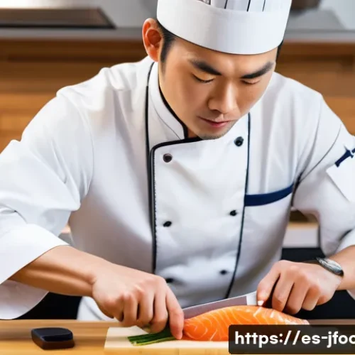 Home 9 일식조리 기능사 실기시험 자주 묻는 질문 - A professional Japanese chef in a modern kitchen station, skillfully filleting fresh salmon with a s...