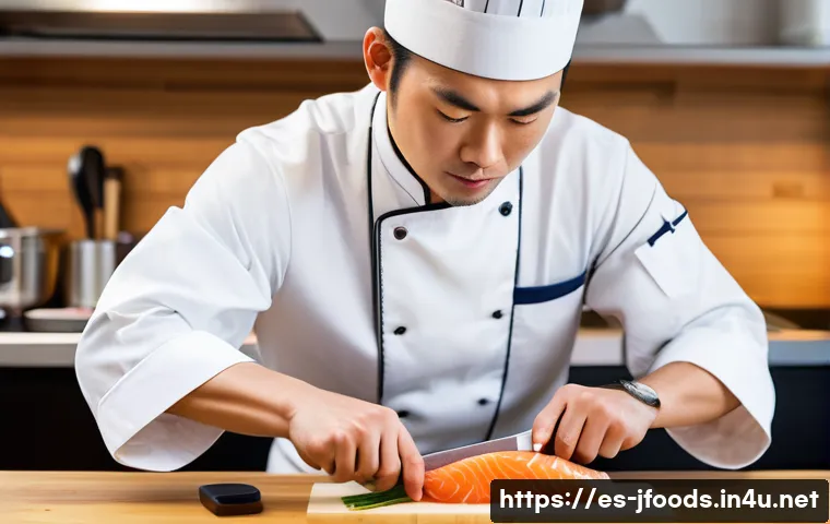 일식조리 기능사 실기시험 자주 묻는 질문 - A professional Japanese chef in a modern kitchen station, skillfully filleting fresh salmon with a s...