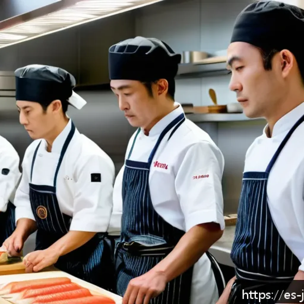 일식조리사 근무 환경과 적응 방법 - A highly detailed scene of a traditional Japanese kitchen during a busy service, showing a diverse t...