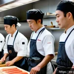 일식조리사 근무 환경과 적응 방법 - A highly detailed scene of a traditional Japanese kitchen during a busy service, showing a diverse t...