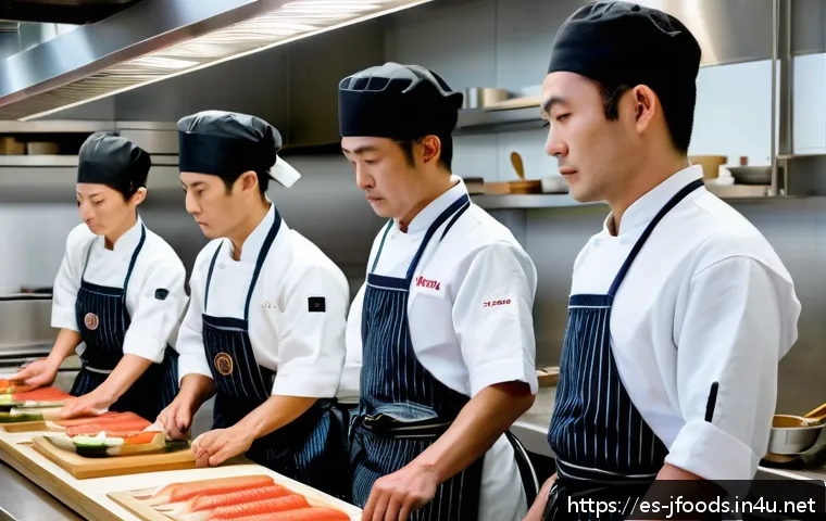 일식조리사 근무 환경과 적응 방법 - A highly detailed scene of a traditional Japanese kitchen during a busy service, showing a diverse t...