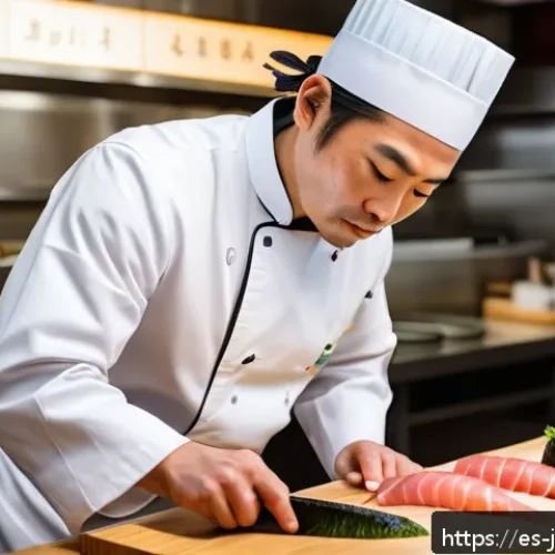 일식조리사로서의 직업 윤리 - A skilled Japanese chef in a traditional sushi restaurant kitchen, dressed in clean, authentic chef ...