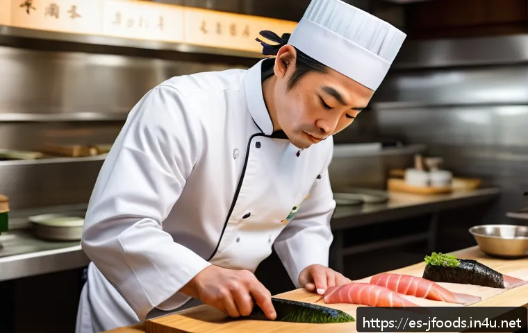일식조리사로서의 직업 윤리 - A skilled Japanese chef in a traditional sushi restaurant kitchen, dressed in clean, authentic chef ...