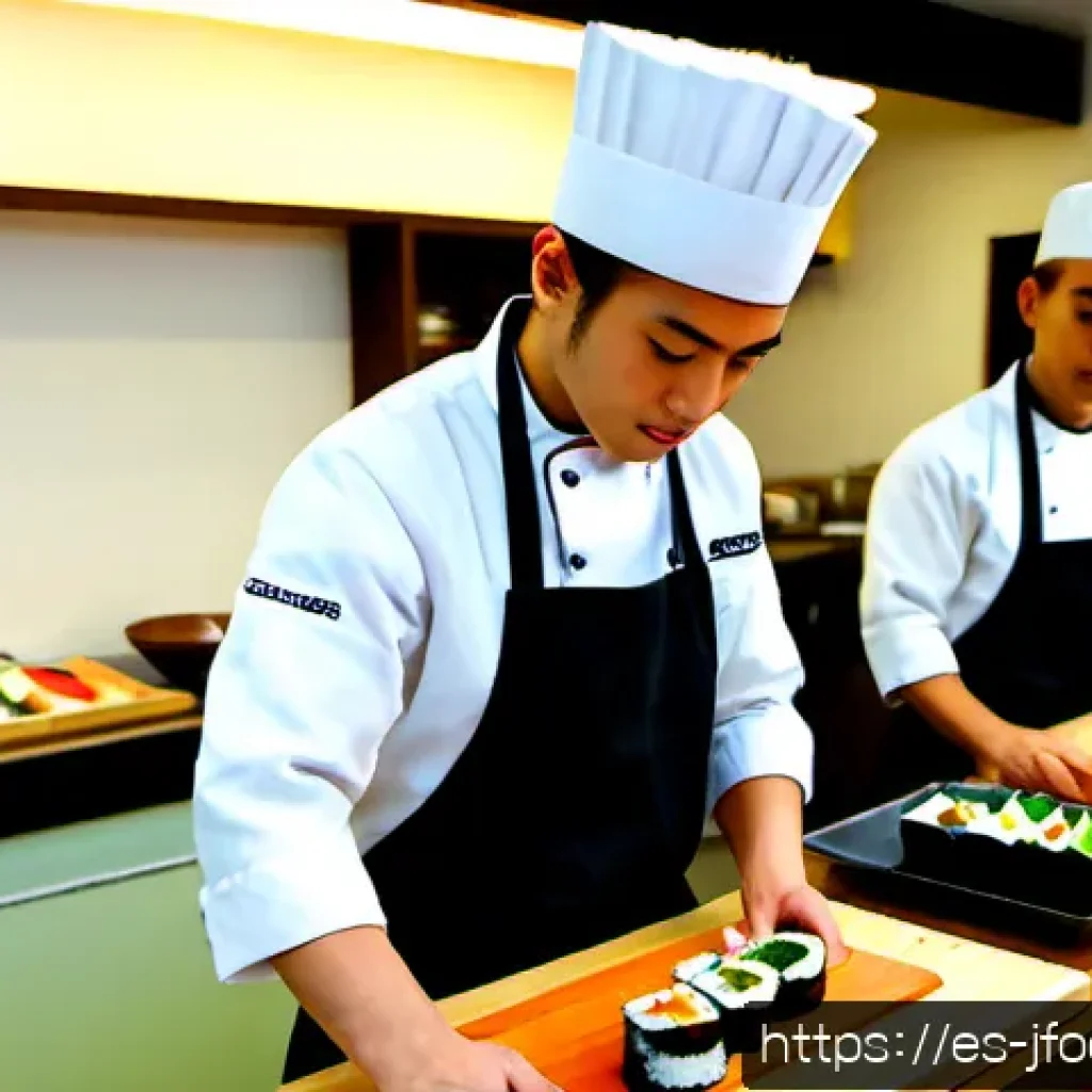 일식조리사 자격증의 중요성 - Photorealistic documentary-style scene inside a professional Japanese cuisine training kitchen in Ma...