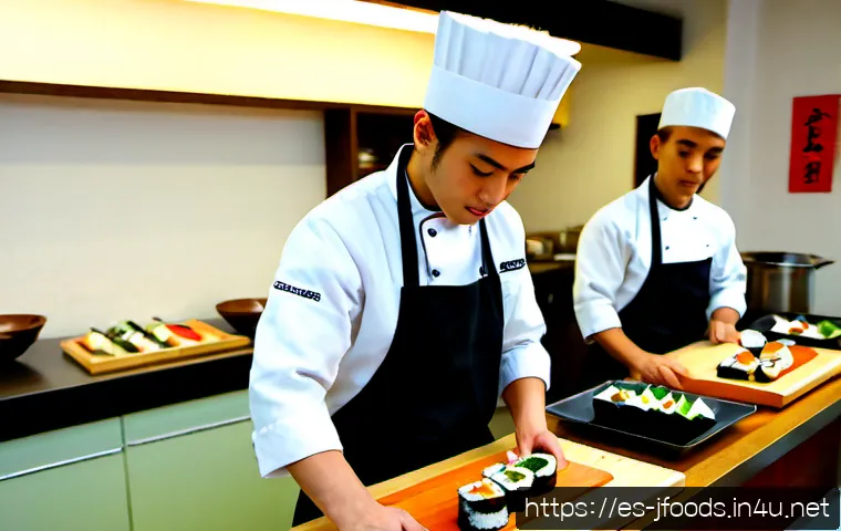 일식조리사 자격증의 중요성 - Photorealistic documentary-style scene inside a professional Japanese cuisine training kitchen in Ma...