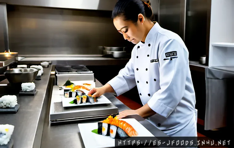 Home 17 일식조리사 이직 성공 팁 - Photorealistic Japanese cuisine chef in a crisp white jacket carefully plating sushi and grilled fis...