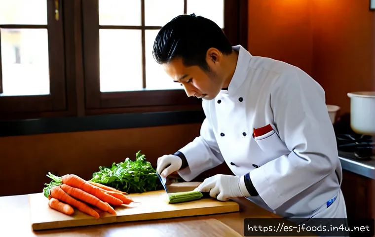 일식조리사 초보자를 위한 팁 - Photorealistic beginner Japanese cuisine chef in a clean Spanish restaurant kitchen, carefully pract...